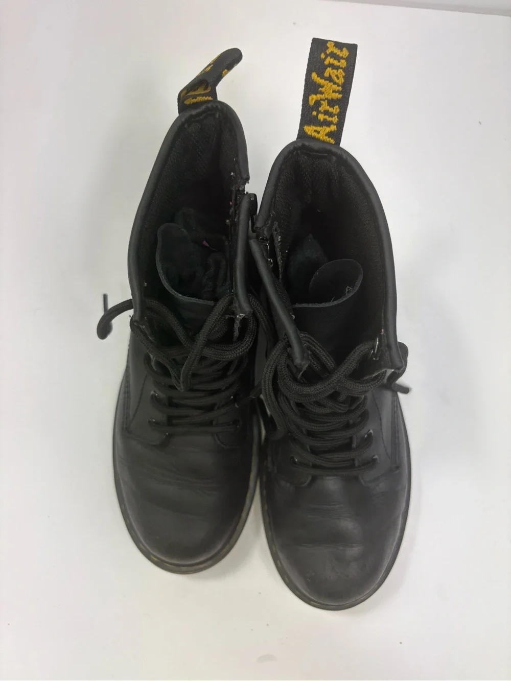 Dr. Martens‎ Black Leather Lace-Up Combat Boots with Yellow Stitching